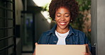 Excited, delivery and woman with box at door for online shopping, ecommerce and receive order. Happy, gate and African person with package, parcel and courier service for shipping or distribution