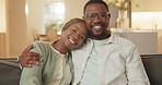 Happy couple, face and hug on sofa, home and bonding with partner on break, commitment or connection. Black people, portrait and smile with spouse on couch, support and embrace in house and love