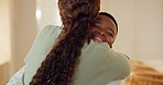 Happy, hug and mother with child in home for bonding, love and support with safety in living room. Smile, family and mom embracing boy kid for security, connection or care together on weekend.