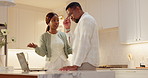 Finance, stress or black couple in home with laptop, payment pressure or bankruptcy in money management. Worry, taxes or people in kitchen with tech, missing bill or loss in poor financial planning.