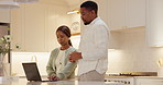 Finance, stress or black couple in home with laptop, payment pressure or bankruptcy in money management. Worry, taxes or people in kitchen with tech, missing bill or loss in poor financial planning.