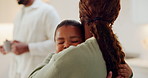 Happy, hug and mother with kid in home for bonding, love and support with safety in living room. Smile, family and mom embracing girl child for security, connection or care together on weekend.