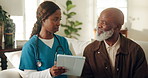 Doctor, tablet and consulting senior man in home for test results, medical diagnosis or support. Black people, patient and professional with tech on sofa for follow up, recovery and retirement health
