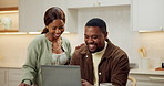 Smile, reading and couple in home with laptop, research and finance report for investment. Happy, black people and laughing at house with tech, online payment and financial information for mortgage
