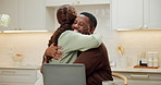 Smile, hug and couple in home with laptop, research and finance report for investment. Happy, black people and embrace partner at house with tech, online payment and information for financial freedom
