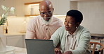 Happy, reading and old couple in home with laptop, research and finance report for investment. Smile, senior black people and talk at house with tech, payment and financial information for retirement
