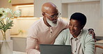 Smile, reading and senior couple with laptop, research and finance report for investment. Happy, black people and embrace at house with tech, online payment and financial information for retirement