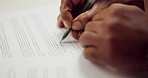 Hands, signature and person writing with contract, application and compliance form for loan. Approval, report and finance agreement with paperwork, banking membership and legal notary for title deed