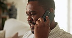 Phone call, talking and man on sofa for remote work, online conversation and chatting for update. Freelance, home and person on cellphone for speaking, networking and contact for communication