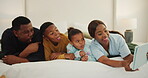 Funny face, selfie and tablet with black family in bedroom for social media post, digital memory and love. Happy, online photography and morning picture with parents and children in home for joke