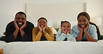 Happy, face and parents with children in bed for bonding, relationship and relax together in home. Family, portrait and African kids with mom, dad and smile for connection, love and rest in bedroom