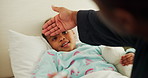 Fever, sick and father with child in bedroom with flu, infection or respiratory symptoms in home. Cough, help and dad with girl in bed for care with illness, cold or allergies for high temperature.