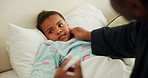 Fever, sick and father with kid in bedroom with flu, infection or respiratory symptoms in home. Virus, help and dad with girl in bed for care with illness, cold or allergies for high temperature.