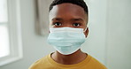 Mask, sick and face of black child in home with safety for disease, flu or virus infection. Healthcare, wellness and portrait of boy kid with medical precaution for cold or respiratory illness.