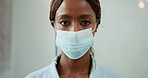 Mask, sick and face of black woman in home with safety for disease, flu or virus infection. Healthcare, wellness and portrait of female patient with medical precaution for cold or respiratory illness