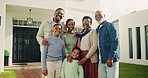 Smile, outdoor and face of big family by new home for bonding, security or property investment. Happy, generations and portrait of black children with grandparents and parents in backyard of house.
