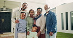Happy, outdoor and face of big family by new home for bonding, security or property investment. Smile, generations and portrait of black children with grandparents and parents in backyard of house.