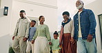 Parents, generations and holding hands with children, backyard or walking with grandparents at house. Senior black people, home and bonding with kids, laughing and connection on visit and family love