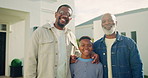 Face, senior dad and hug with child, backyard and bonding with grandchild on weekend visit at house. Black people, home and smile with kid, generations and connection with grandparent or family love