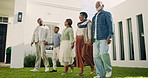 Family, talk and holding hands with children, backyard and smile with grandparents on walk at house. Black people, generations and bonding with kids, discussion and connection with senior parents