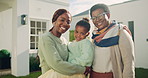 Face, grandma and bonding with family, outdoor or senior mother with smile on weekend visit at house. Black people, home and happy with kid, generations and laughing with grandparent and connection
