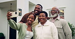 Selfie, backyard and people with senior parents for bonding, memory and social media update. Family, house and African woman with mom, dad and brother for picture, photo and post for relationship