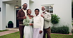 Backyard, face and people with senior parents by new house, retirement home and visit on weekend. Happy, portrait and African man with mom, dad and sister outdoor for bonding, love and relationship