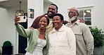 Selfie, outdoor and people with senior parents for social media, update and memory in backyard. Family, house and African woman with mom, dad and brother for picture, photo or online post for bonding