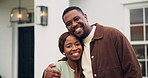 Face, hug and couple outdoor with new home, property investment and excited for dream house. Marriage, portrait and black man and woman with real estate purchase, homeowner and residence for future