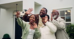 Recording, backyard and people with senior parents for video call, social media and upload together. Wave, house and African woman with mom, dad and brother for family blog, picture and relationship