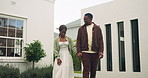Real estate, holding hands and black couple in garden for residential property, smile and love. Achievement, security and homeowner people with walk for home tour, purchase and new house investment