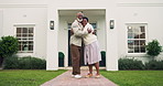 Dream house, hug and face of senior couple for property, investment and new home in retirement. Marriage, portrait and black man and woman with embrace for real estate, mortgage and purchase outdoor