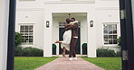 Happy, spin and couple outdoor with new home, property investment and excited for dream house. Marriage, love and black man and woman pointing to real estate purchase, residence and future goals