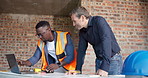 People, engineer and laptop at site with document, blueprint and research for building design. Team, talking and floor plan with pc, construction information and architecture structure for expansion