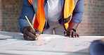 Hands, man and architect writing with blueprint, drawing and sketch for building design. Person, measurement or document with ruler, construction illustration and architecture structure for expansion
