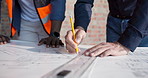 Hands, people and engineer writing with blueprint, drawing and sketch for building design. Team, planning and document with ruler, construction illustration and architecture structure for expansion