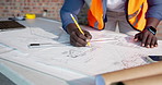 Hands, man and architect writing with document, drawing and blueprint for building structure. Person, measure or floor plan with ruler, construction illustration and architecture design for expansion