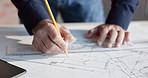 Hands, engineer and writing notes with document, drawing and information for building structure. Person, measuring and floor plan with ruler, construction illustration and architecture for expansion