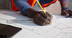 Hands, man and engineer writing with blueprint, drawing and document for building structure. Person, measure and floor plan with ruler, construction illustration and architecture design for expansion