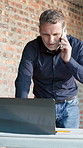 Laptop, architecture and mature man with phone call, conversation and update for building project. Contractor, computer and person on cellphone for discussion, talking and planning for construction