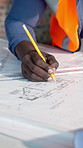Architecture, ruler and hands of man with blueprint, design and layout for building project. Engineer, contractor and person with drawing, pencil and sketch for floor plan, remodeling and renovation