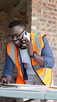 Talking, architecture and black man with phone call, laptop and update for building project. Contractor, computer and person on cellphone for discussion, conversation and planning for construction