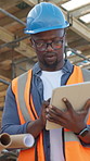 Construction, man and typing on tablet at site for digital blueprint, building progress and report. Team, architect and foreman with tech for project timeline, information request and code compliance
