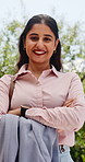 Face, businesswoman and commute in city with arms crossed, real estate job or pride for career growth. Happy, person or realtor travel outdoor with ambition, work and confident for urban development.