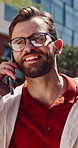 Phone call, travel and man in city, walking and communication with contact for direction guide. Mobile, happy tourist and person outdoor, talking and commute on journey for vacation destination