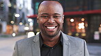 Happy, professional and face of business black man in city for pride, insurance broker and confidence. Opportunity, smile and claims advisor with person outdoor for career growth and about us