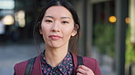 Face, business and woman in city, investor or pride for career ambition, commute and trading banker. Happiness, financial advisor and Japanese person in urban town, laughing and travelling to office
