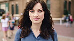 Holiday, serious and woman with face outdoor for solo travel, city sightseeing and vacation abroad. Tourist, person and exploring destination for urban tourism, getaway break and confident traveler