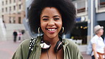 Laugh, black woman and face of student in city with confidence for college education with scholarship. Happy, knowledge and portrait of African female person with pride for university campus in town.