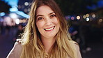 Happy, night and face of businesswoman in city with confidence for finance career with growth. Smile, professional and portrait of female financial manager with pride for about us in urban town.